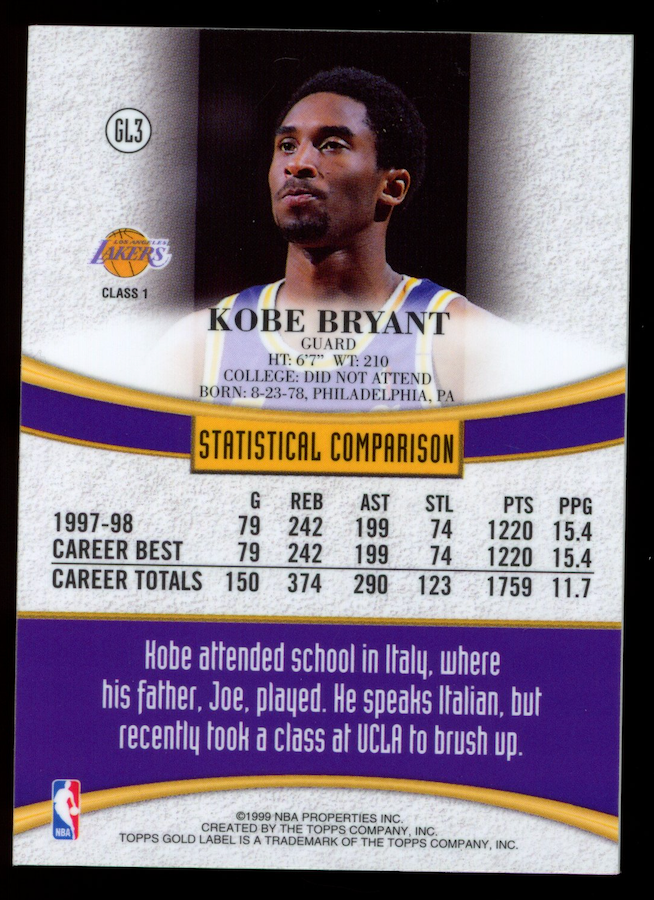 KOBE BRYANT 1998-99 Topps Gold Label #GL3 Lakers