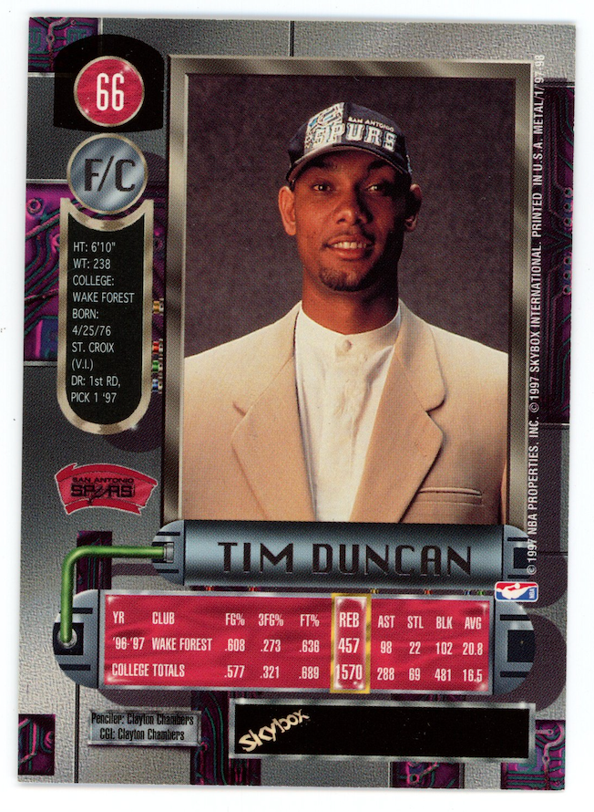 TIM DUNCAN 1997-98 Skybox Metal Universe Rookie #66 Spurs