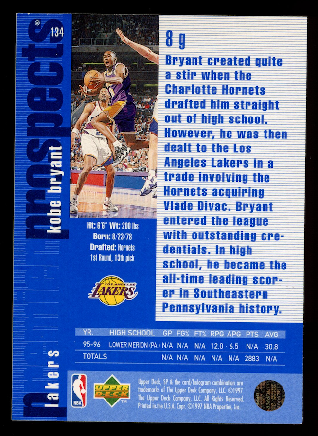 KOBE BRYANT 1996-97 Upper Deck SP Premier Prospects Rookie #134 Lakers
