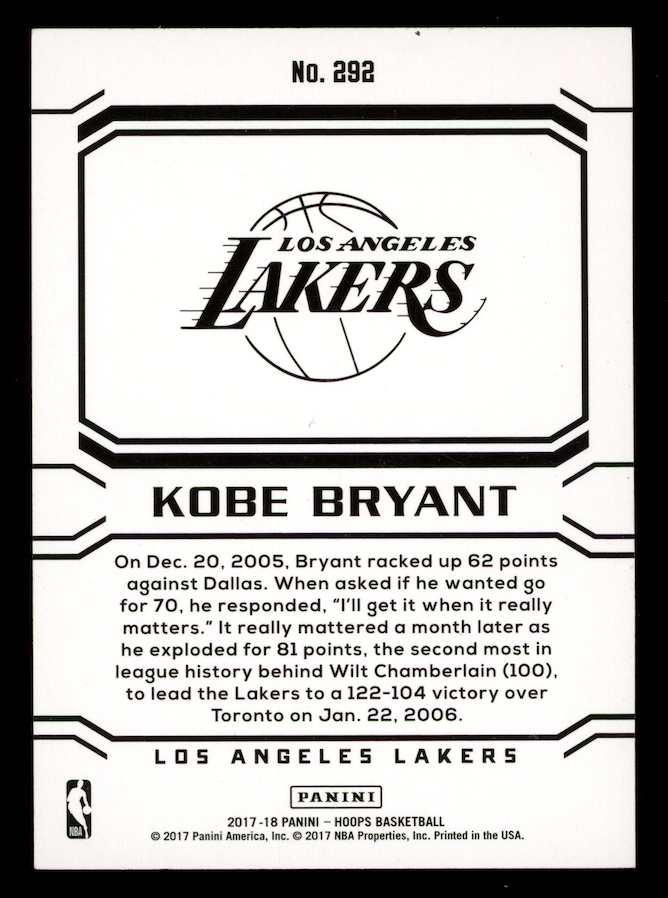 KOBE BRYANT 2017-18 Panini NBA Hoops Career Tribute Teal Explosion #292 Lakers