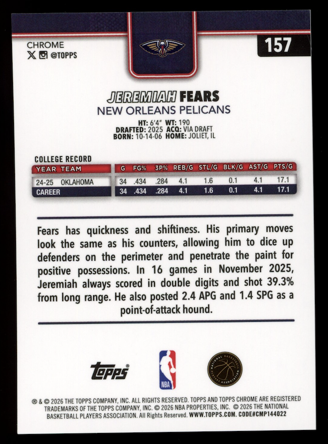 JEREMIAH FEARS 2025-26 Topps Chrome Update Rookie Purple Refractor /75 #157