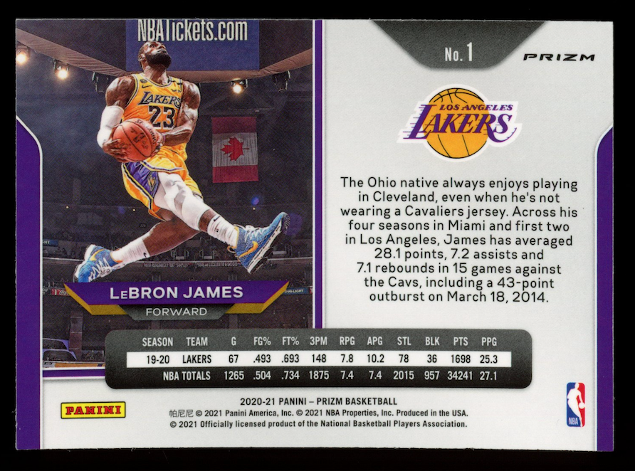 LEBRON JAMES 2020-21 Panini Prizm Purple Wave Kobe Tribute #1 Lakers
