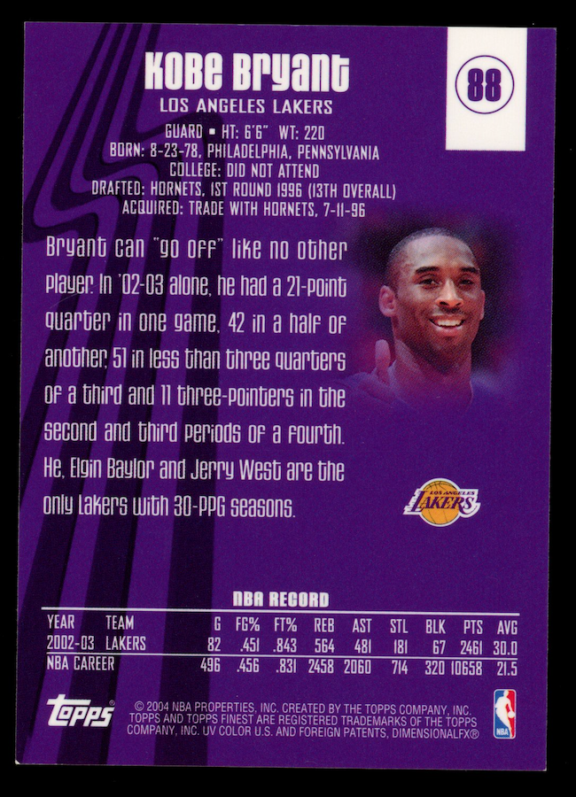 KOBE BRYANT 2003-04 Topps Finest #88 Lakers