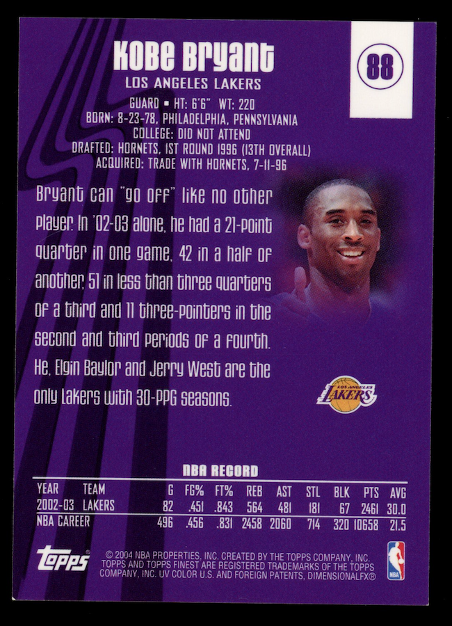 KOBE BRYANT 2003-04 Topps Finest #88 Lakers