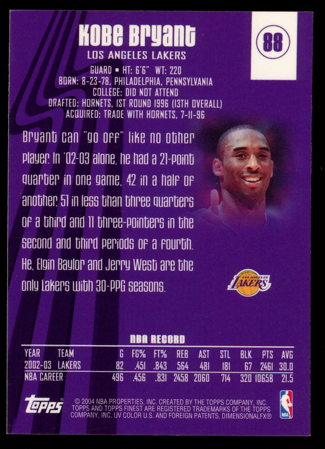 KOBE BRYANT 2003-04 Topps Finest #88 Lakers