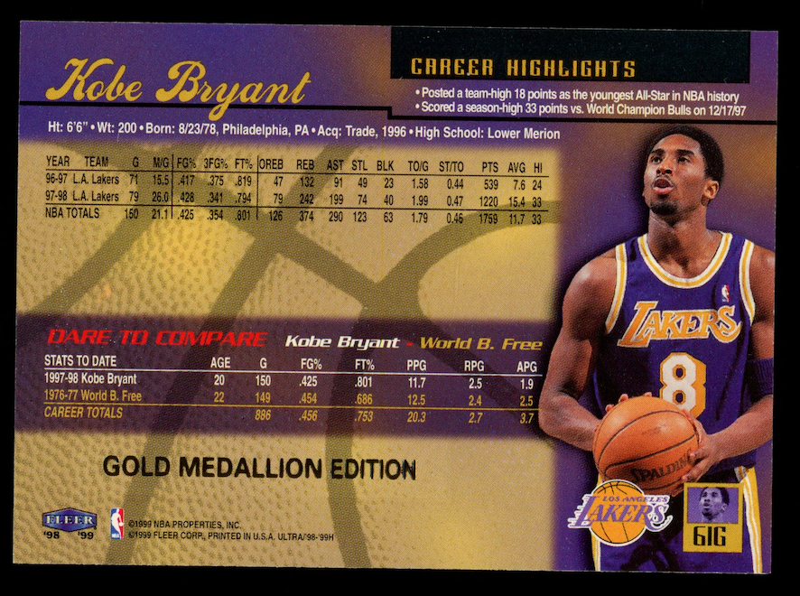 KOBE BRYANT 1998-99 Fleer Ultra Gold Medallion Edition #61G Lakers