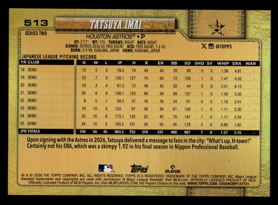 TATSUYA IMAI 2026 Topps Series Two Rookie Golden Mirror SSP #513 Astros