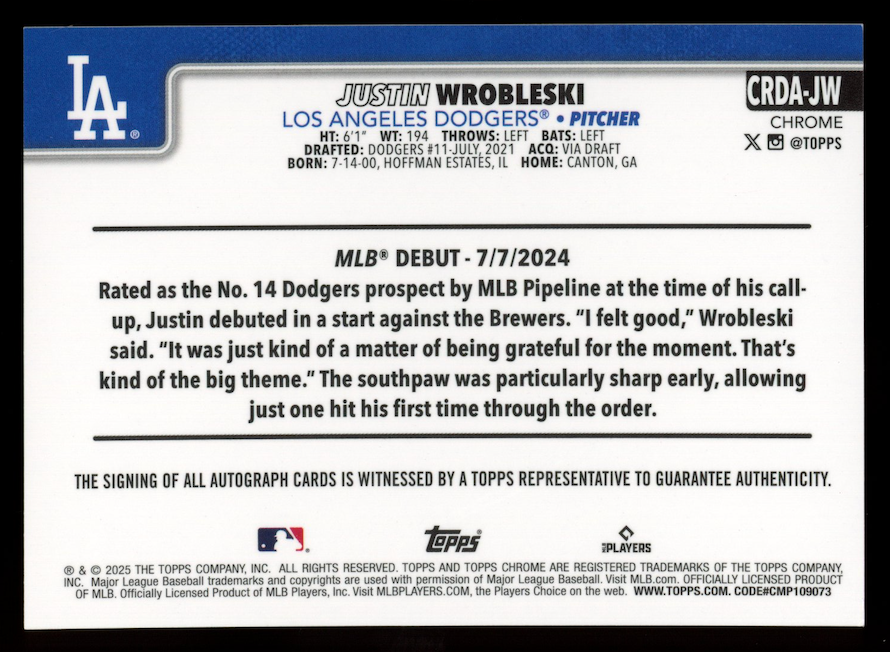 JUSTIN WROBLESKI 2025 Topps Chrome Rookie Auto Blue RayWave /150 #CRDA-JW