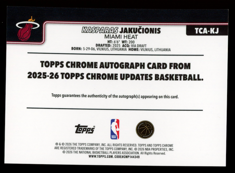 KASPARAS JAKUCIONIS 2025-26 Topps Chrome Update Rookie Auto Green Refractor /99