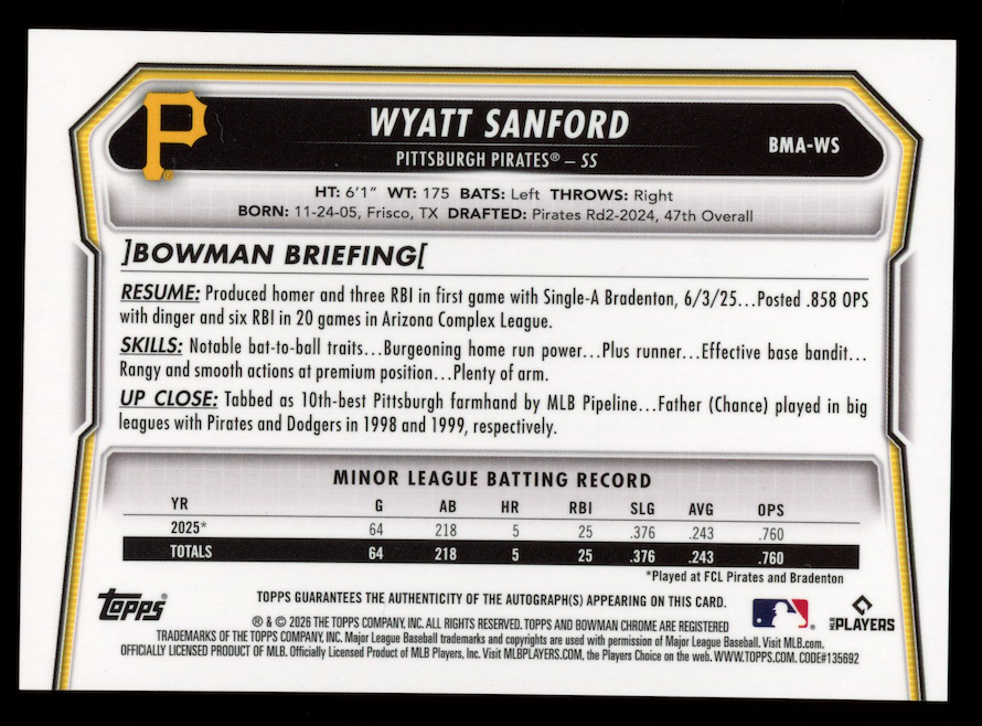 WYATT LANGFORD 2026 Bowman Chrome Mega Auto Orange Mojo Refractor /25 #BMA-WS