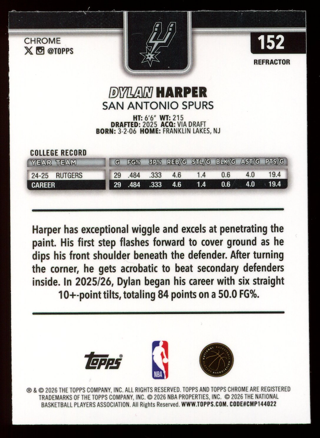 DYLAN HARPER 2025-26 Topps Chrome Update Rookie Refractor #152 San Antonio Spurs