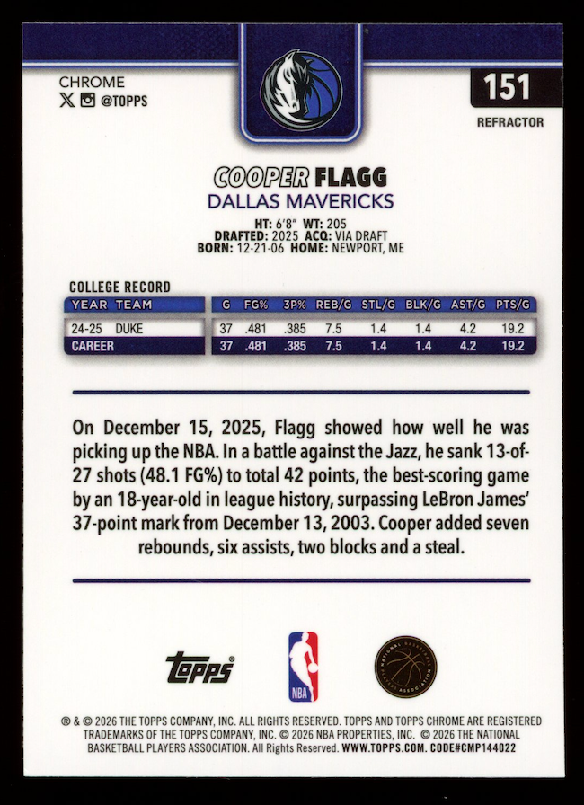 COOPER FLAGG 2025-26 Topps Chrome Update Rookie Refractor #151 Mavericks