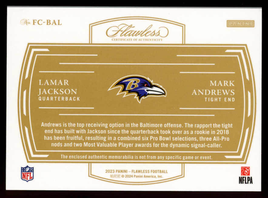 LAMAR JACKSON MARK ANDREWS 2023 Panini Flawless Connections Dual Patch /15