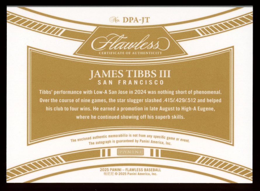 JAMES TIBBS III 2025 Panini Flawless Draft Patch Auto Gold /10 #DPA-JT Giants