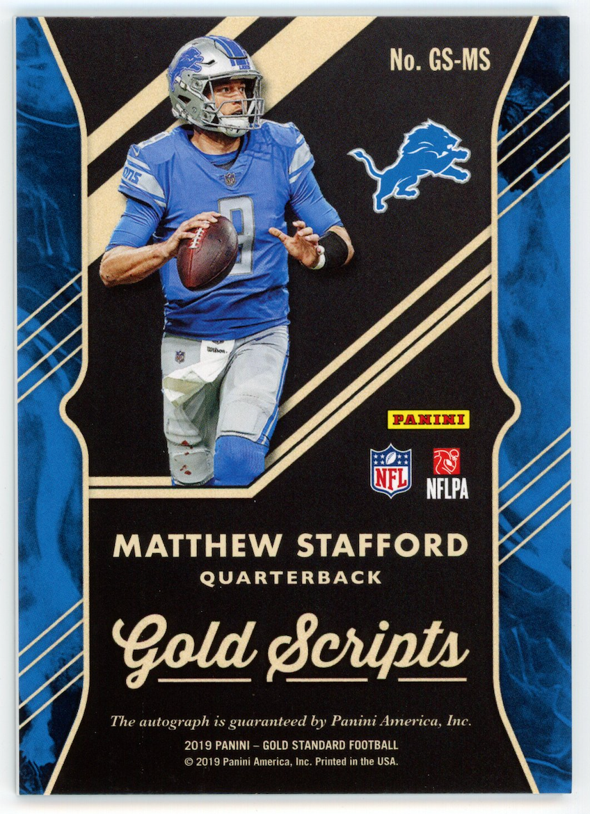 MATTHEW STAFFORD 2019 Panini Gold Standard Gold Scripts Auto #GS-MS /25 Lions