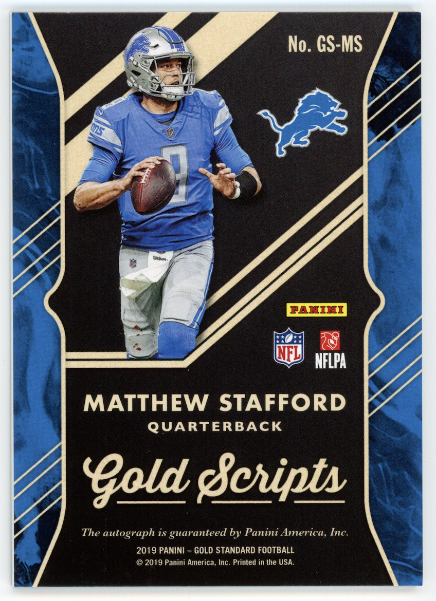 MATTHEW STAFFORD 2019 Panini Gold Standard Gold Scripts Auto #GS-MS /25 Lions