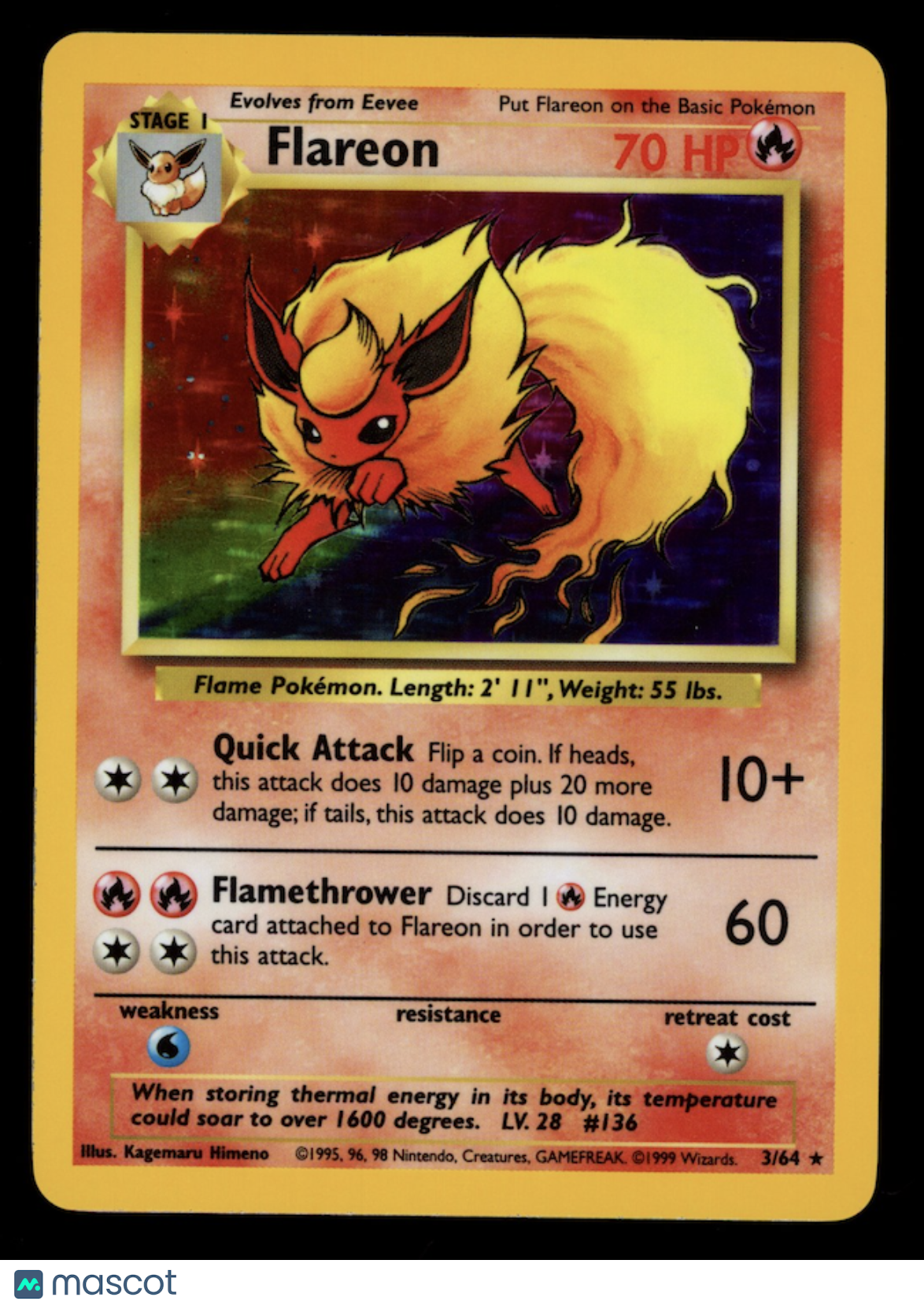 FLAREON 1999 Pokemon Jungle Holo Rare #3/64 Missing Symbol