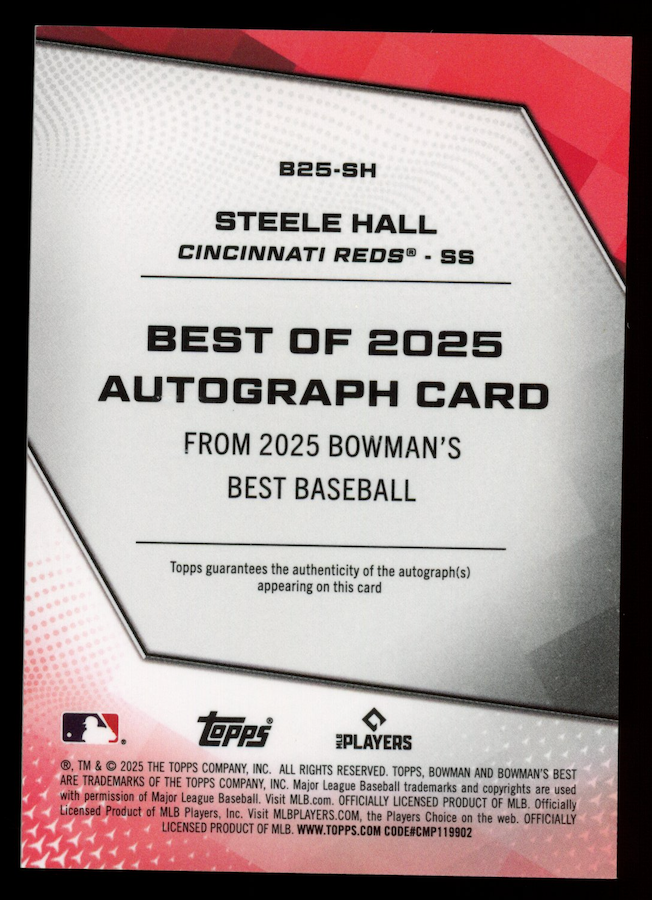 STEELE HALL 2025 Bowman's Best Prospect Auto Black Refractor /10 #B25-SH Reds