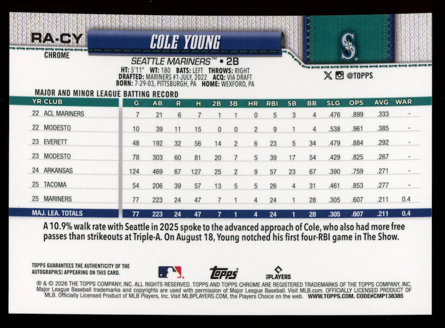 COLE YOUNG 2026 Topps Chrome Orange Rookie Auto RayWave Refractor /25 #RA-CY