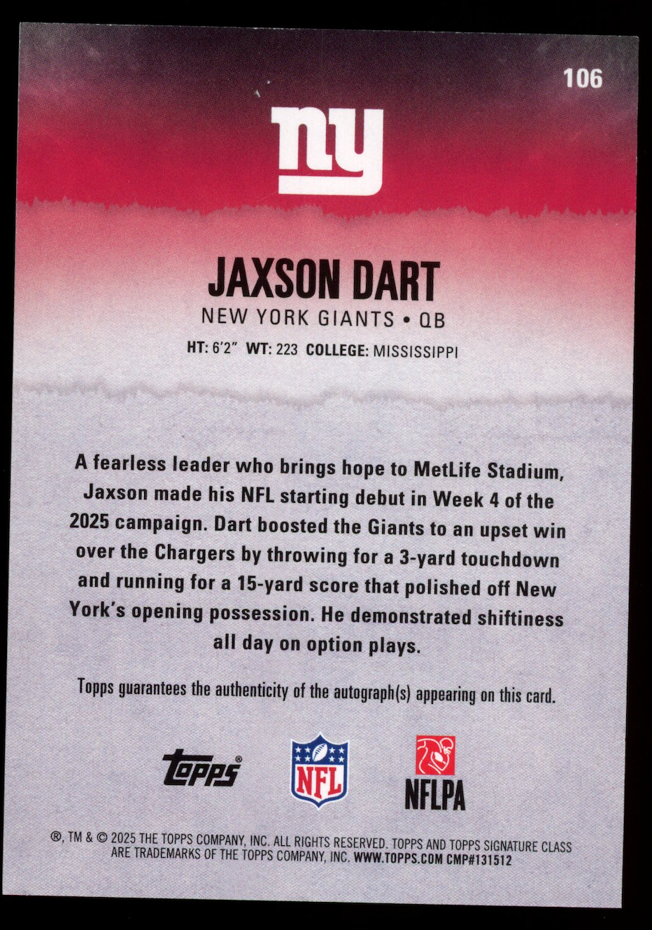 JAXSON DART 2025 Topps Signature Class Rookie Auto #106 Giants