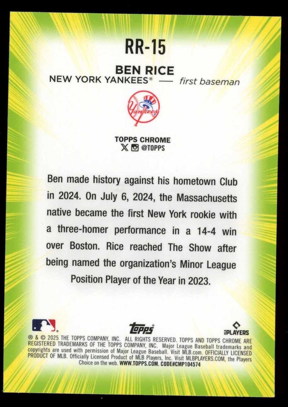 BEN RICE 2025 Topps Chrome Radiating Rookies Case Hit SSP #RR-15 Yankees