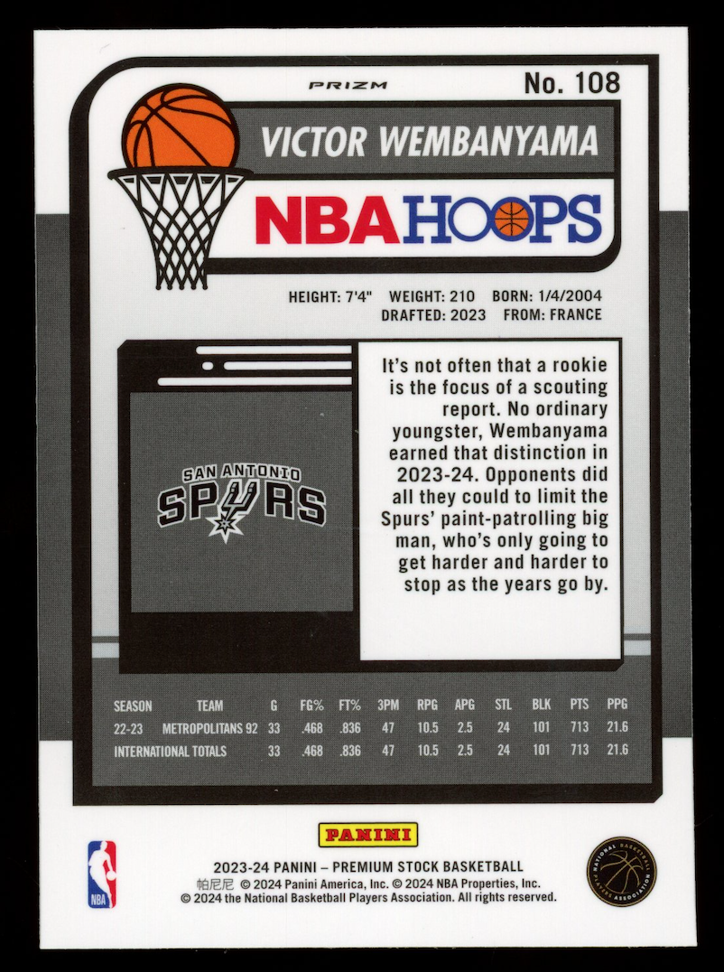 VICTOR WEMBANYAMA 2023-24 Panini NBA Hoops Premium Stock Rookie Ice Prizm #108