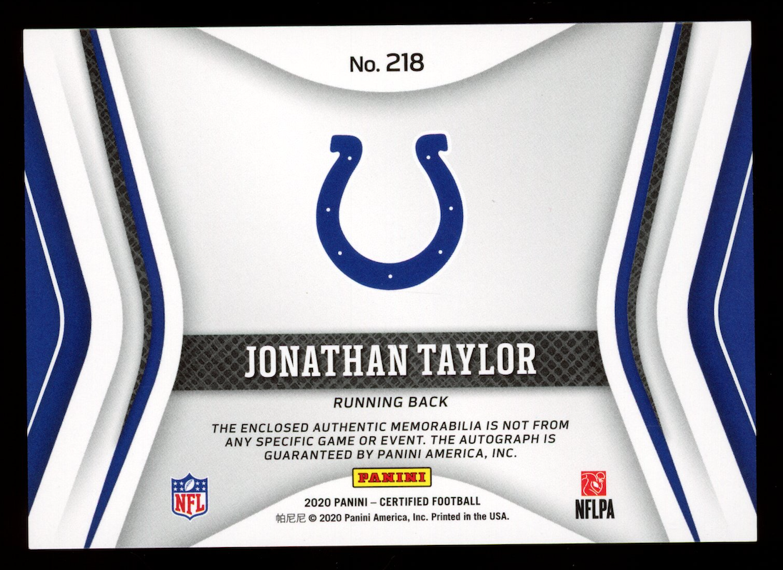 JONATHAN TAYLOR 2020 Panini Certified Freshman Fabric Rookie Patch Auto Blue /99