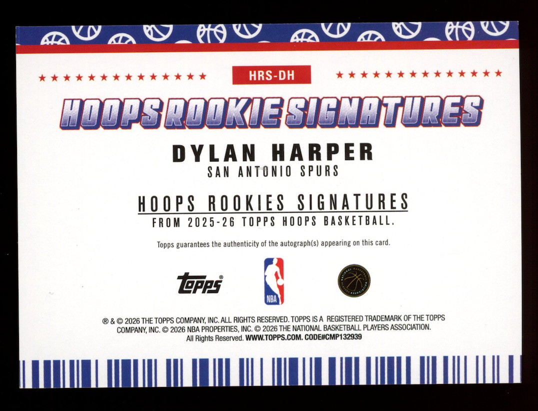 DYLAN HARPER 2025-26 Topps NBA Hoops Rookie Signatures Auto #HRS-DH Spurs
