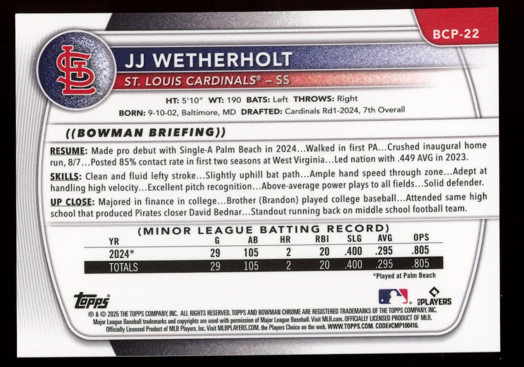 JJ WETHERHOLT 2025 Bowman Chrome 1st Prospect Yellow Refractor /75 #BCP-22