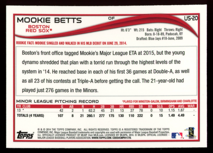 MOOKIE BETTS 2014 Topps Chrome Update Rookie Card #US-20 Red Sox
