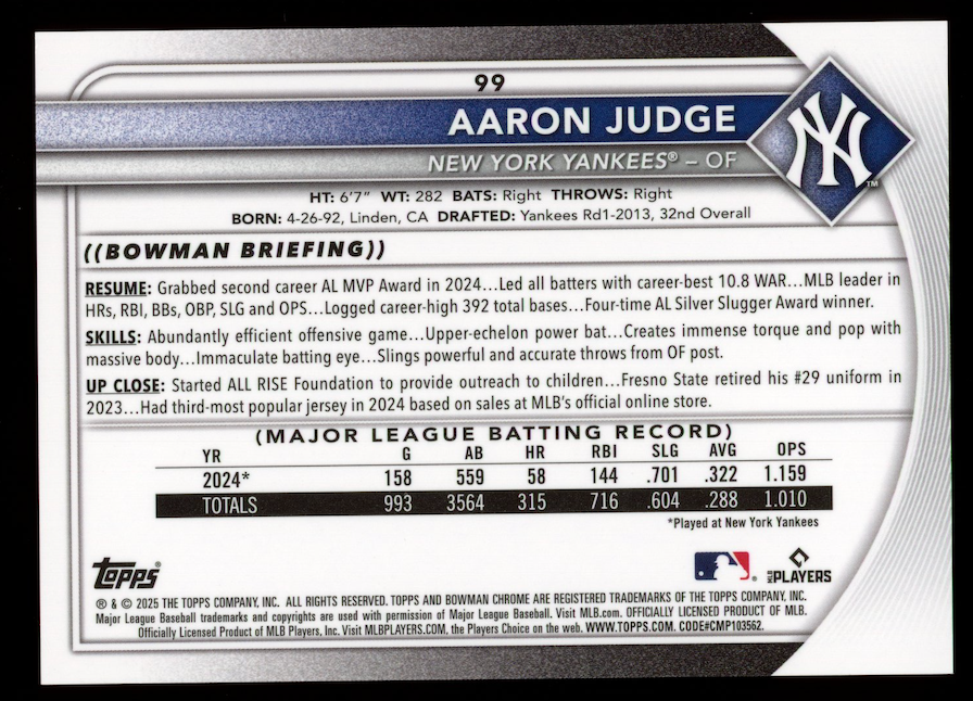 AARON JUDGE 2025 Bowman Chrome Mega Box Orange Mojo Refractor /25 #99 Yankees