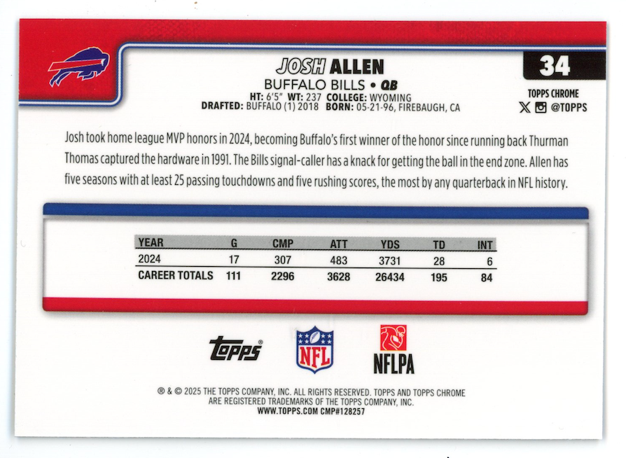 JOSH ALLEN 2025 Topps Chrome Neon Pulse Refractor SP #34 Bills