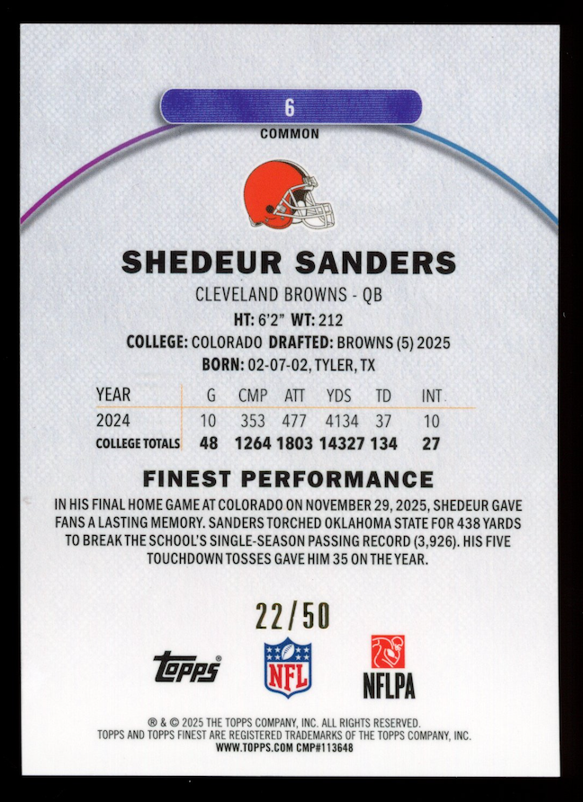 SHEDEUR SANDERS 2025 Topps Finest Rookie Gold Refractor /50 #6 Browns