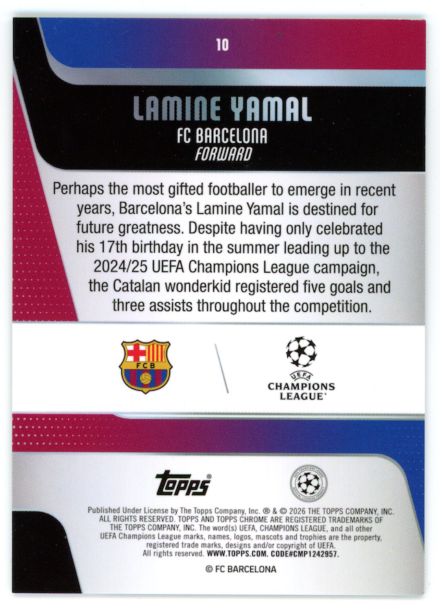 LAMINE YAMAL 2026 Topps Chrome UEFA Club Aqua X-Fractor /199 #10 FC Barcelona