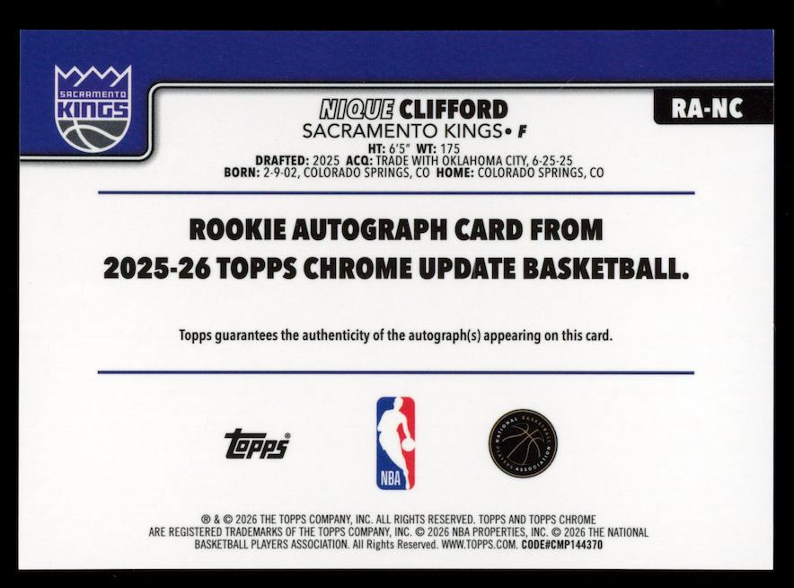 NIQUE CLIFFORD 2025-26 Topps Chrome Update Rookie Auto Green Yellow Lava /85