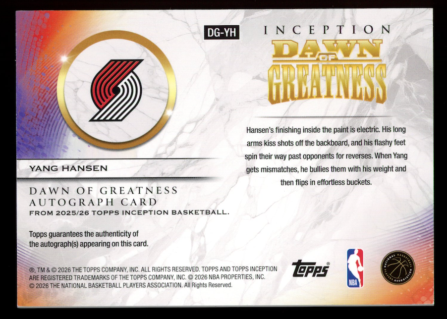 YANG HANSEN 2025-26 Topps Inception Rookie Auto Dawn Of Greatness Blue /25 #DGYH