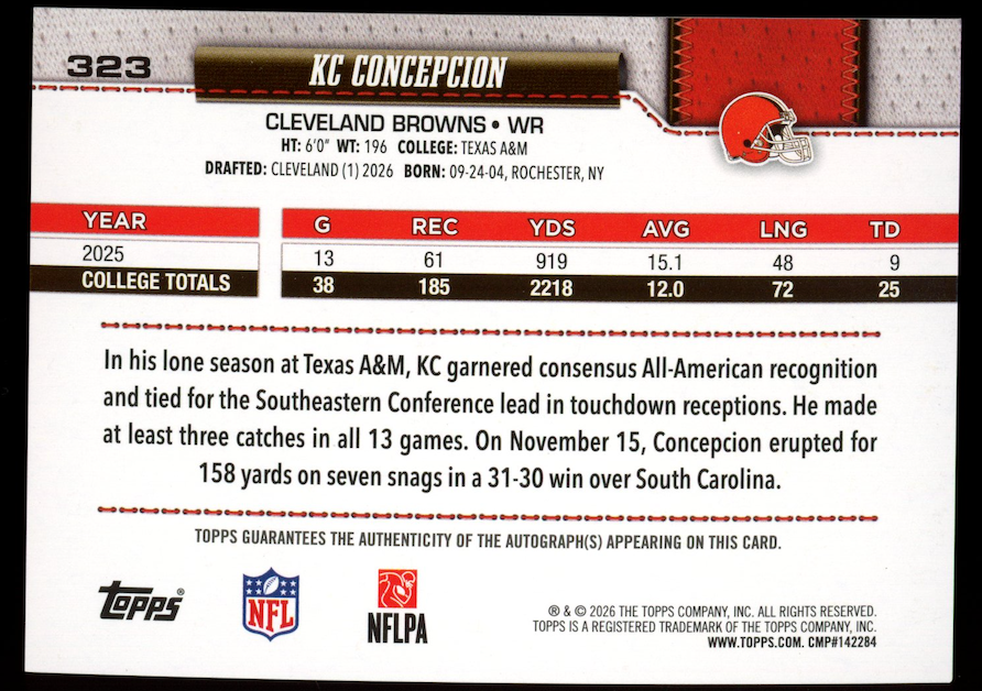 KC CONCEPCION 2026 Topps Flagship Rookie Auto Rainbow Foil #323 Browns