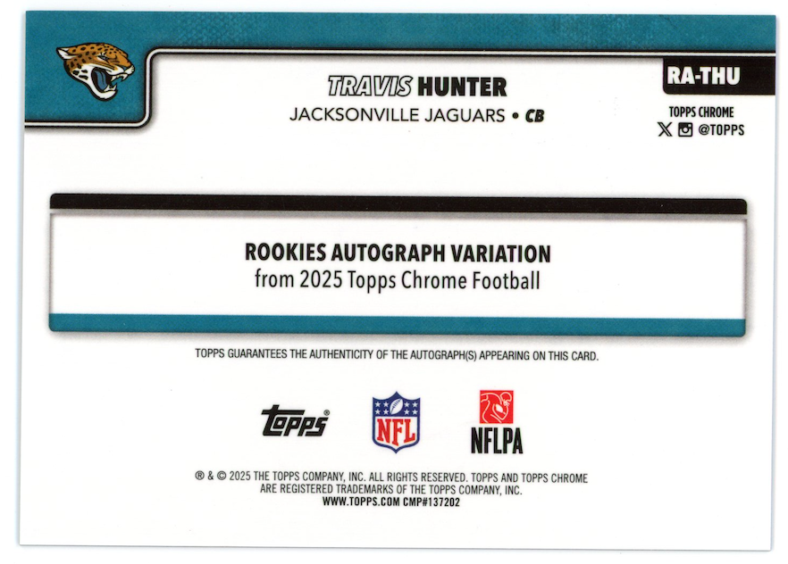 TRAVIS HUNTER 2025 Topps Chrome Rookie Auto Purple Refractor /75 #RA-THU Jaguars