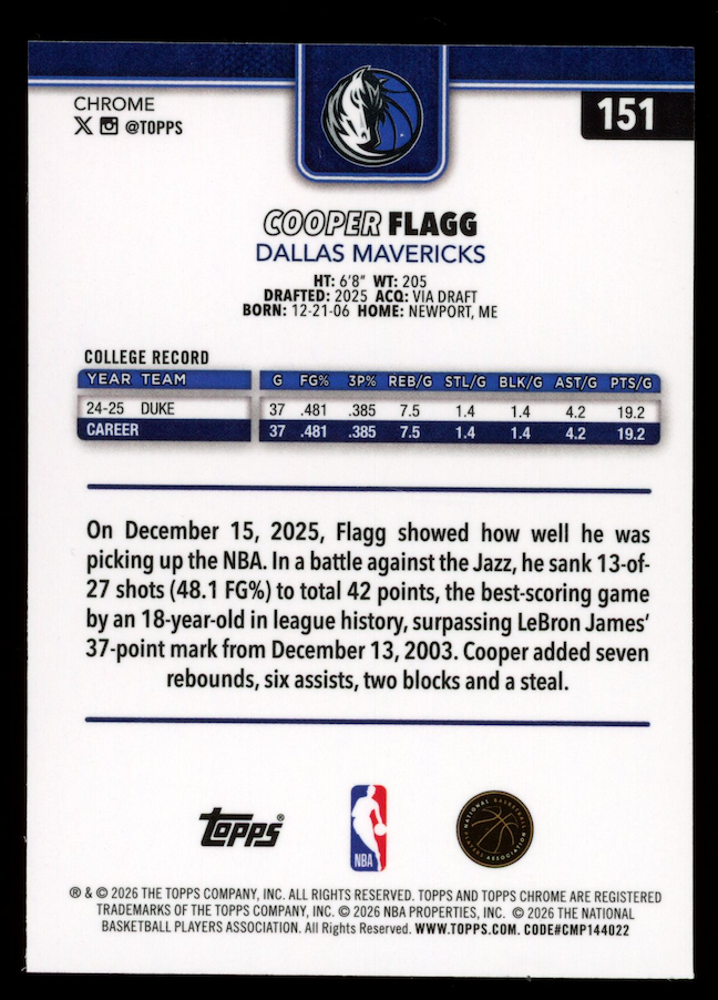 COOPER FLAGG 2025-26 Topps Chrome Update Rookie RayWave Refractor #151 Mavericks