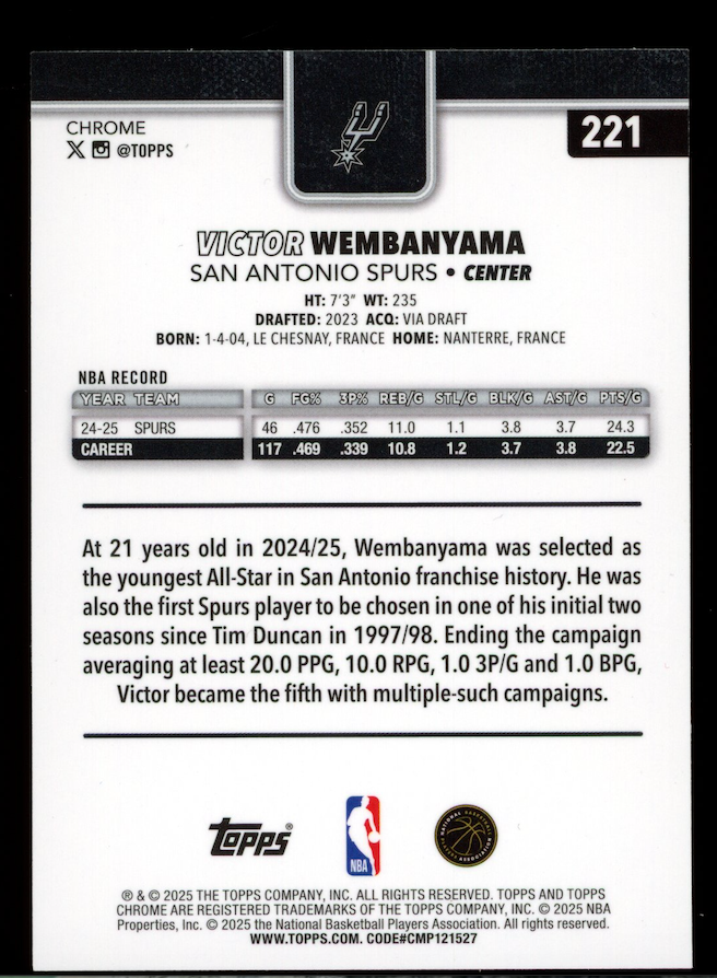VICTOR WEMBANYAMA 2025-26 Topps Chrome Teal Refractor /299 #221 Spurs