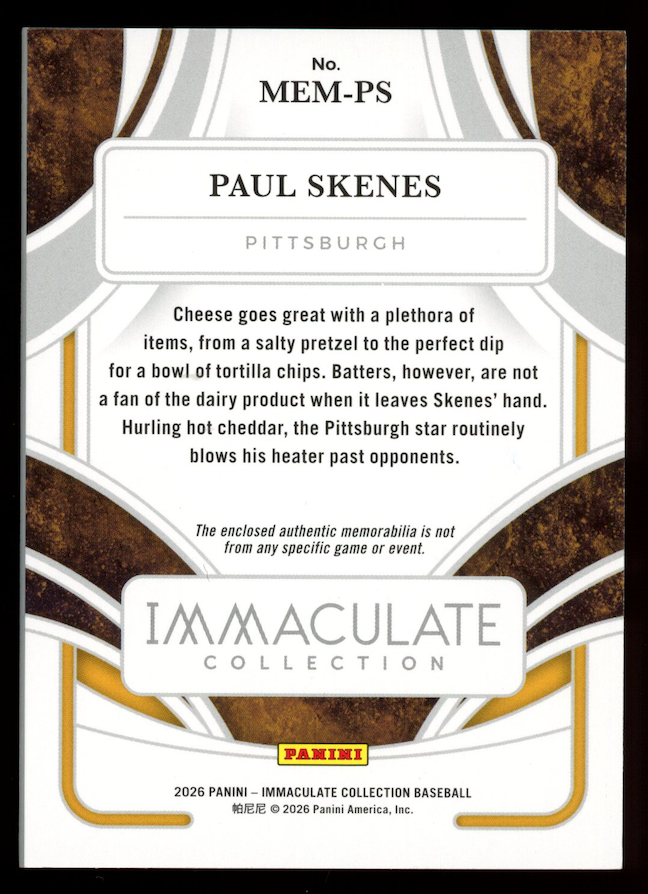 PAUL SKENES 2026 Panini Immaculate Collection Patch /99 #MEM-PS Pirates
