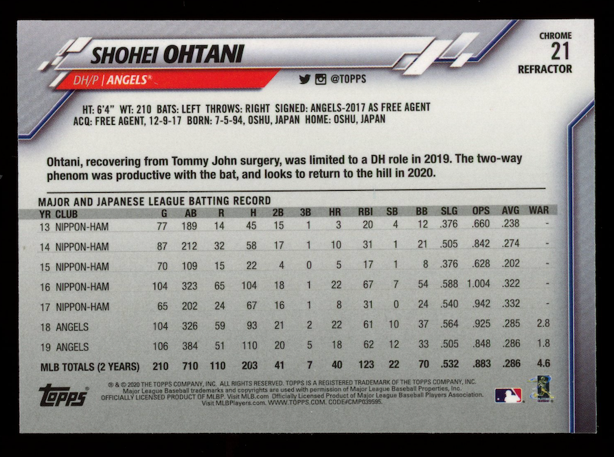 SHOHEI OHTANI 2020 Topps Chrome Refractor #21 Angels