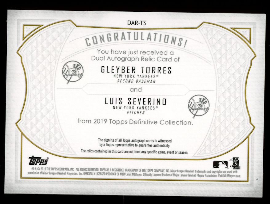 GLEYBER TORRES LUIS SEVERINO 2019 Topps Definitive Collection Patch Auto /35