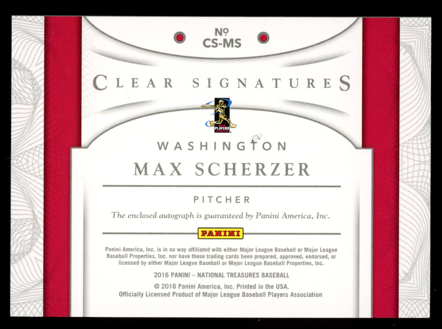MAX SCHERZER 2016 Panini National Treasures Clear Signatures Auto /99 #CS-MS