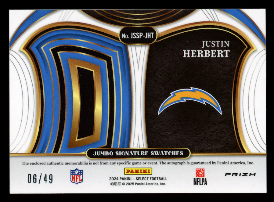 JUSTIN HERBERT 2025 Panini Select Jumbo Signature Swatches Patch Auto Copper /49