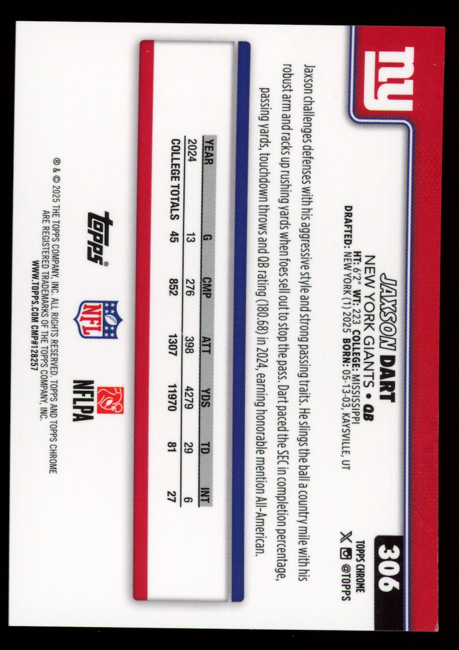 JAXSON DART 2025 Topps Chrome Rookie White Refractor /30 #306 Giants