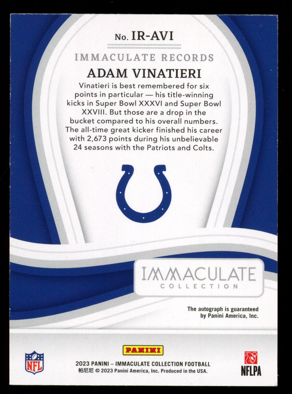 ADAM VINATIERI 2023 Panini Immaculate Collection Records Auto /49 #IR-AVI Colts