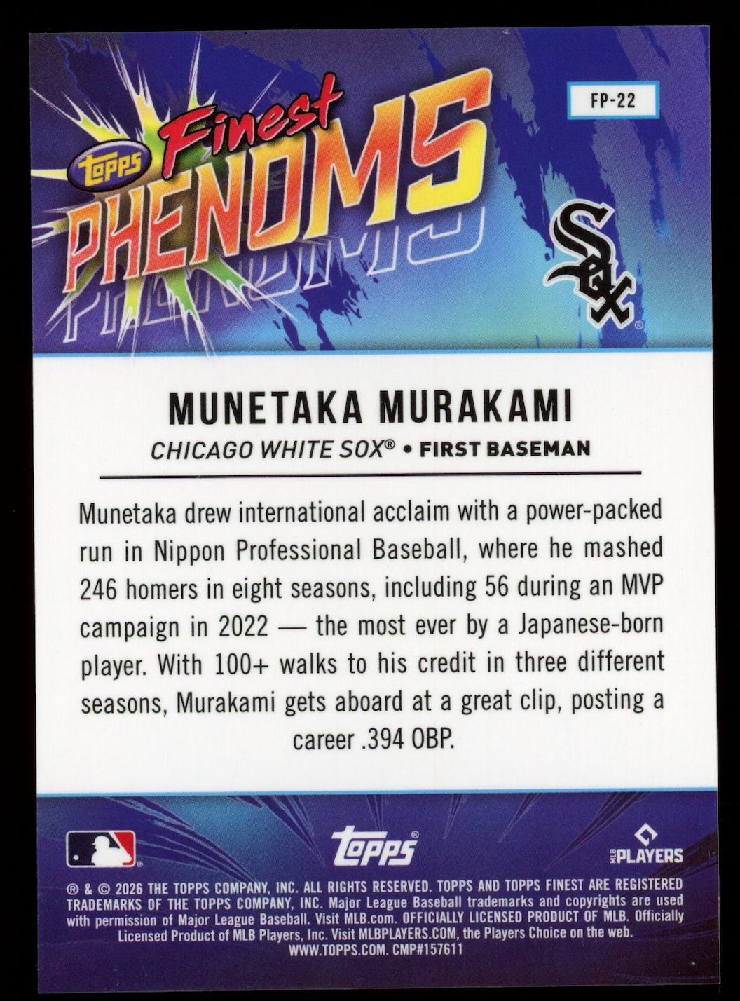 MUNETAKA MURAKAMI 2026 Topps Finest Phenoms Rookie Refractor #FP-22 White Sox