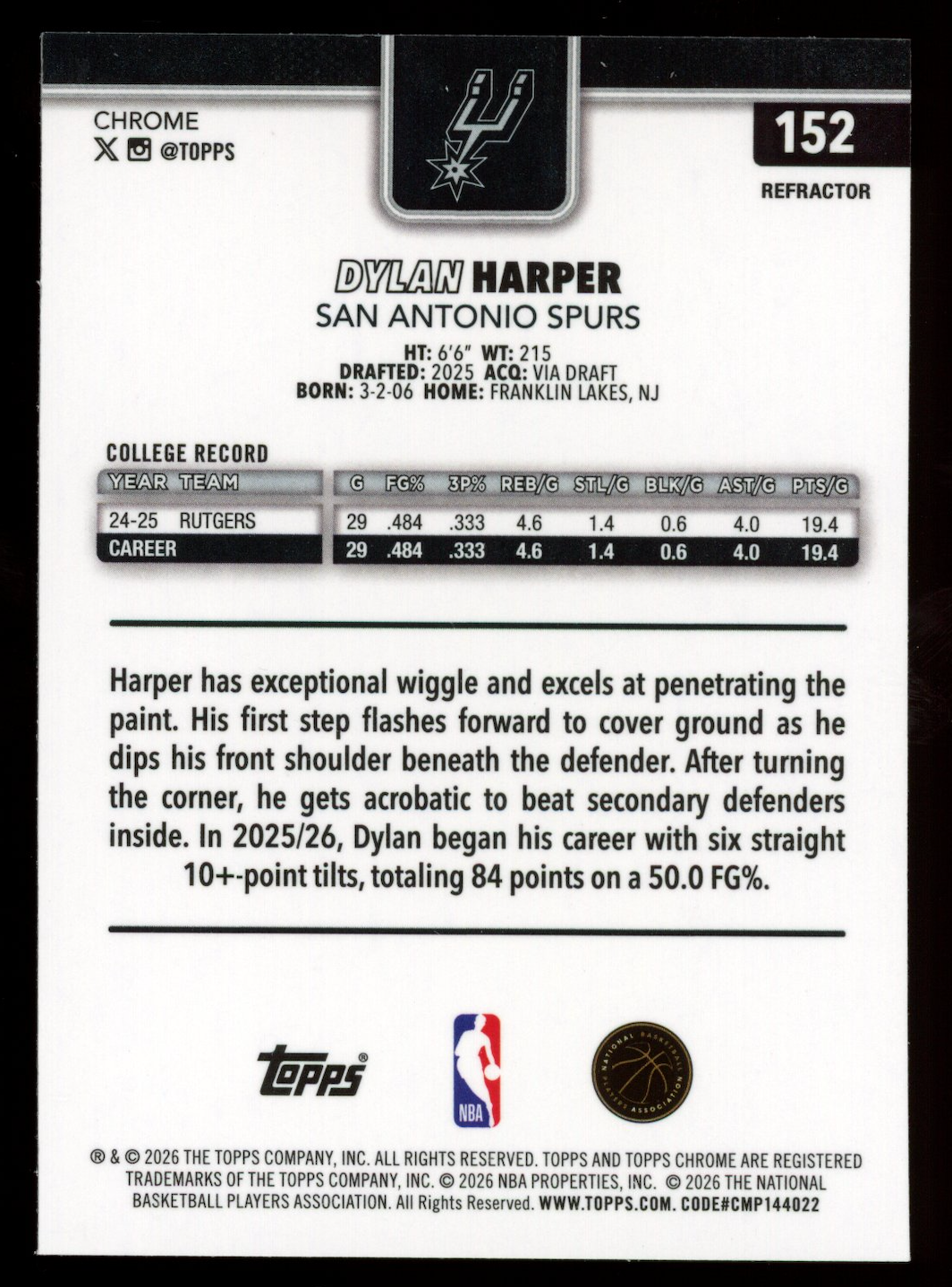 DYLAN HARPER 2025-26 Topps Chrome Update Rookie Refractor #152 San Antonio Spurs