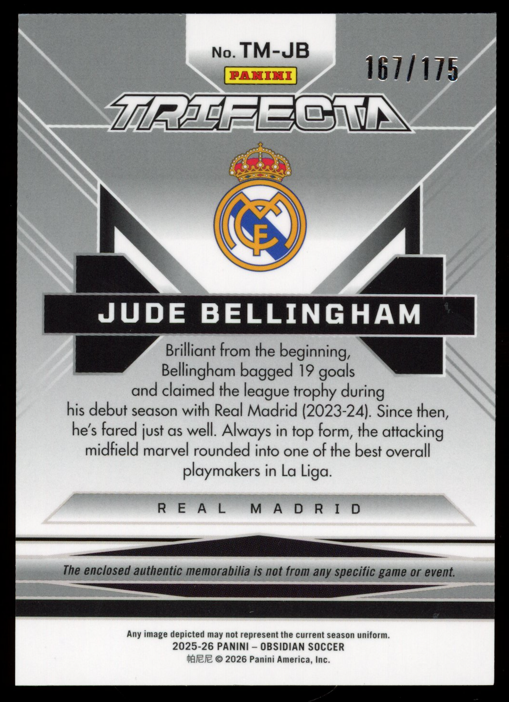 JUDE BELLINGHAM 2025-26 Panini Obsidian Soccer Trifecta Triple Patch /175 #TM-JB
